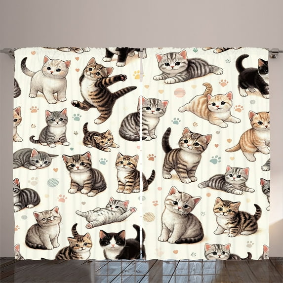 Ambesonne Cat Curtains 2 Panel Set, Little Kittens Playful Poses, 108" x 108", Off White Taupe and Grey
