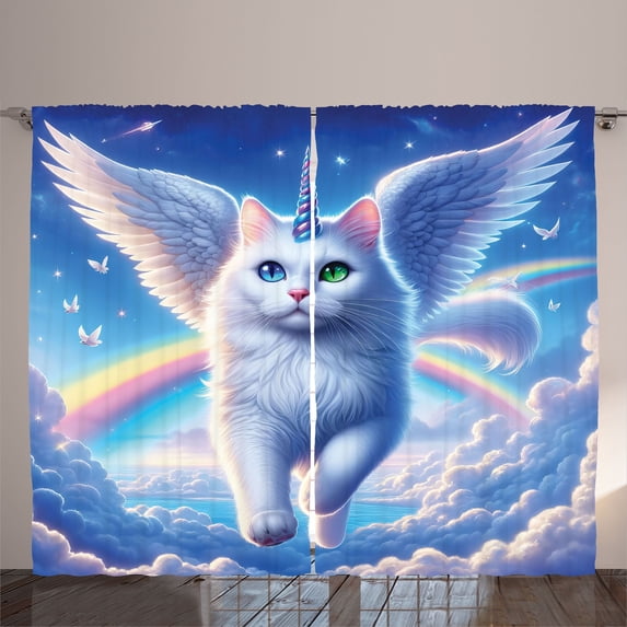 Ambesonne Cat Curtains 2 Panel Set, Pegasus Kitty Flies Clouds Sky, 108" x 84", Azure Blue Pale Pink