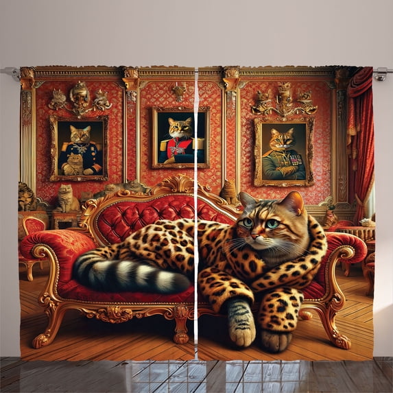 Ambesonne Cat Curtains 2 Panel Set, Royal Kitty in Leopard Coat, 108" x 108", Marigold Salmon