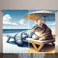 thumbnail image 1 of Ambesonne Cat Curtains 2 Panel Set, Sunbathing Kitten Seaside Shore, 108" x 90", Blue Pale Mustard, 1 of 3