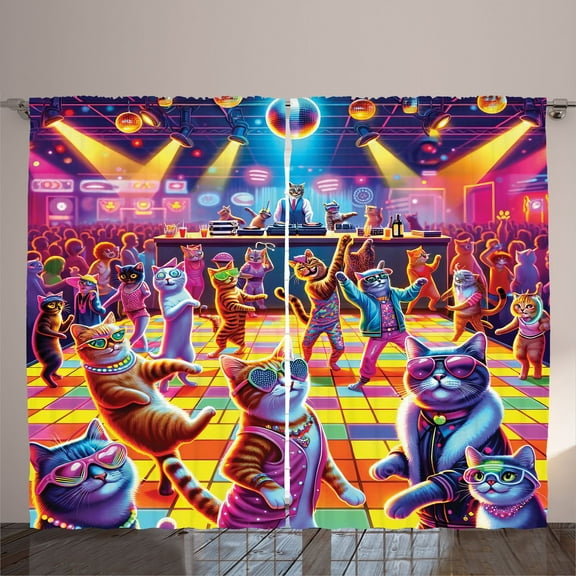 Ambesonne Cat Curtains 2 Panel Set, Trippy Funny Kitty Disco Scene, 108" x 108", Fuchsia Multicolor