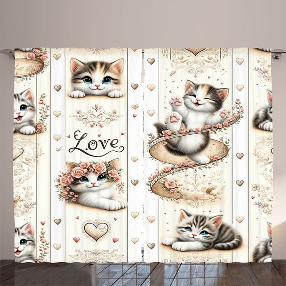 Ambesonne Cat Curtains 2 Panel Set, Vintage Smiling Blue Eyed Kitty, 108" x 108", Ivory Pale Brown Grey
