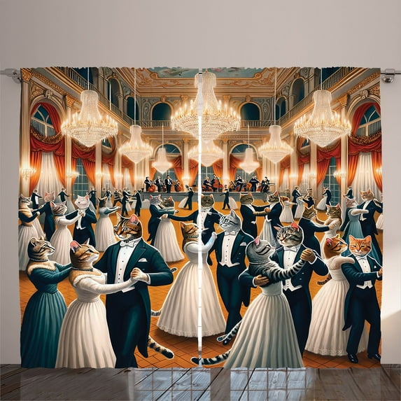 Ambesonne Cat Curtains 2 Panel Set, Waltz Dancing Kitty Couples, 108" x 90", Petrol Blue and Orange