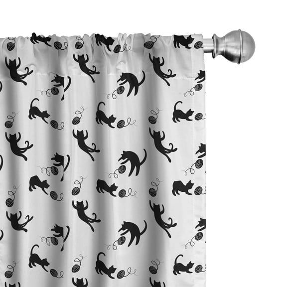 Ambesonne Cat Curtains, Chasing After Yarn Balls, Pair of 28"x84", Black White