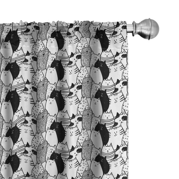 Ambesonne Cat Curtains, Doodle Characters, Pair of 28"x63", Black White