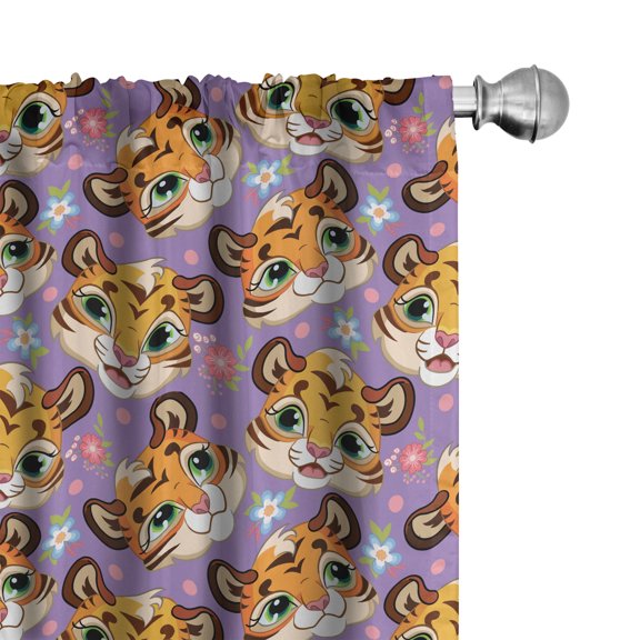 Ambesonne Cat Curtains, Happy Tiger Faces Cartoon Art, Pair of 28"x63", Earth Yellow and Pale Purple