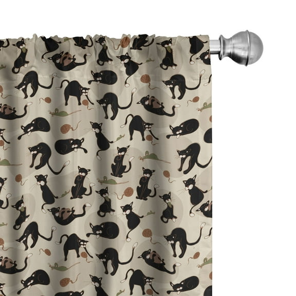 Ambesonne Cat Curtains, House Pet Playing with Ball, Pair of 28"x84", Black Tan Sea Green