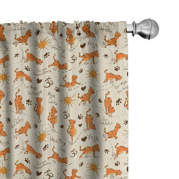 Ambesonne Cat Curtains, Kitties Doing Yoga Paws, Pair of 28"x63", Cream Orange Brown