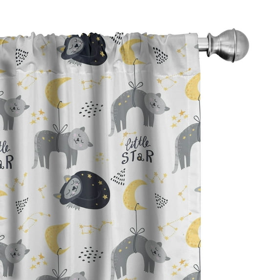 Ambesonne Cat Curtains, Sleeping Animals Star Artwork, Pair of 28"x84", Mustard Grey and White
