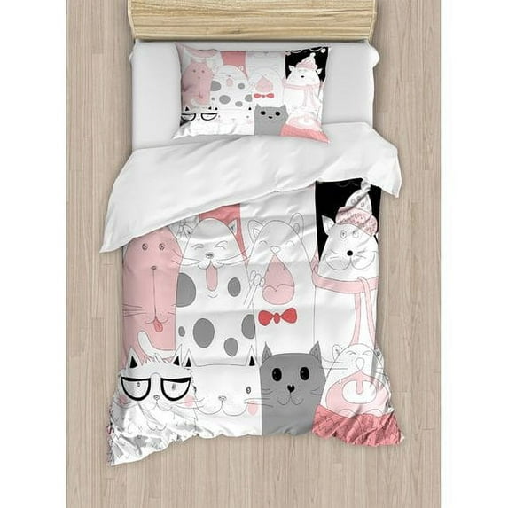 Ambesonne Cat Cute Cartoon Kittens Collection Funny Smiling Glasses Scarfs Doodle Humor Duvet Cover Set