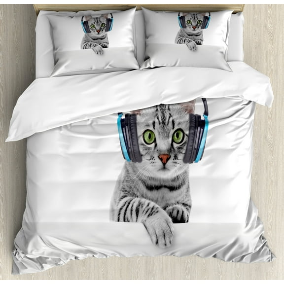 Ambesonne Cat Duvet Cover Set, Animal Listening to Music, Calking, Grey White