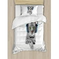 thumbnail image 1 of Ambesonne Cat Duvet Cover Set, Animal Listening to Music, Twin, Grey White, 1 of 3