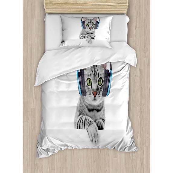 Ambesonne Cat Duvet Cover Set, Animal Listening to Music, Twin, Grey White