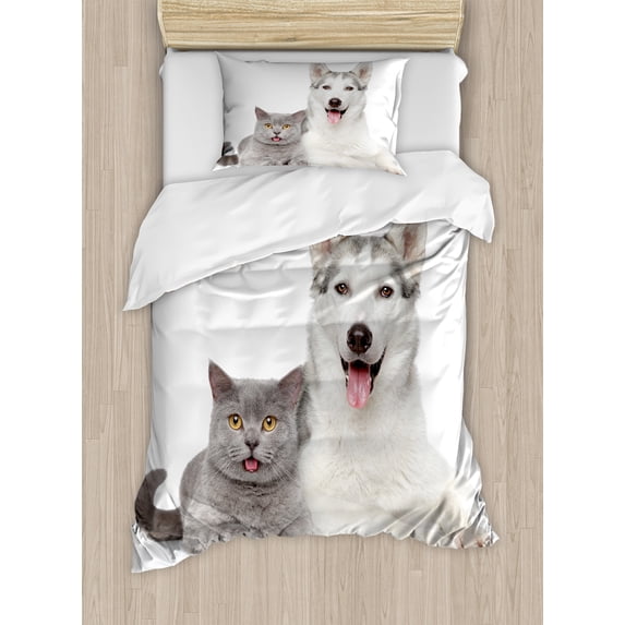 Ambesonne Cat Duvet Cover Set, Animals Pets Dogs Digital, Twin, White and Grey