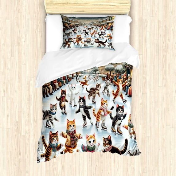 Ambesonne Cat Duvet Cover Set, Cheery Kitties Ice Skating Fun, Twin, Orange Brown Pale Blue