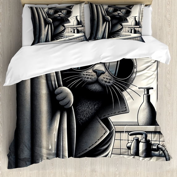 Ambesonne Cat Duvet Cover Set, Cool Detective Kitty Monochrome, King, Dark Grey Pale Sepia