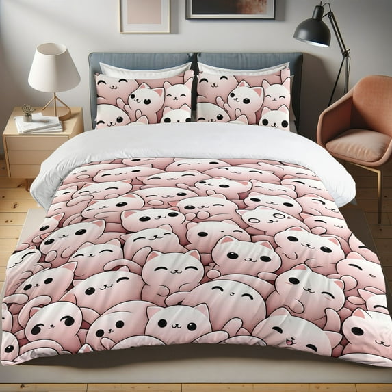 Ambesonne Cat Duvet Cover Set, Funny Pastel Kawaii Kittens, Calking, Blush Pale Rose