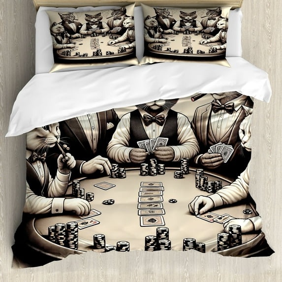Ambesonne Cat Duvet Cover Set, Gentleman Kitties Playing Poker, Calking, Ivory Dark Taupe