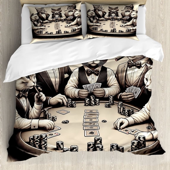 Ambesonne Cat Duvet Cover Set, Gentleman Kitties Playing Poker, Queen, Ivory Dark Taupe