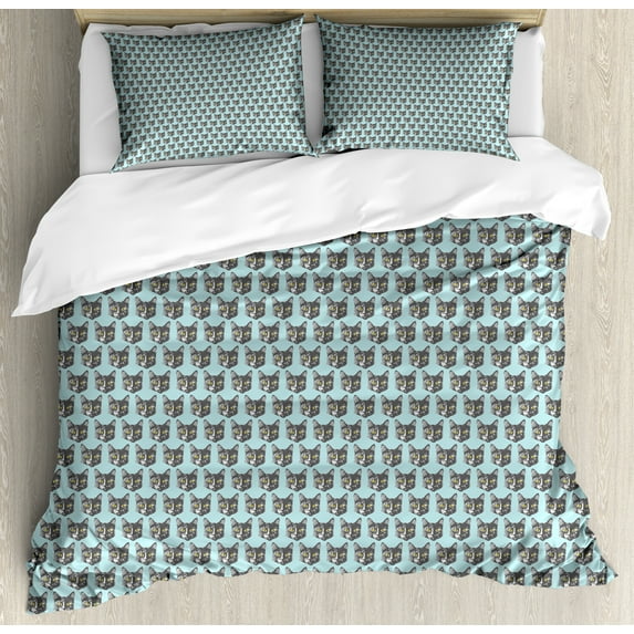 Ambesonne Cat Duvet Cover Set, Grey Kitten Portrait Pattern, 2-Calking, Pale Blue and Grey