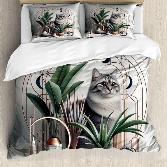 Ambesonne Cat Duvet Cover Set, Kitty in a Noble Pose Bohemian, Calking, Grey Green Pale Rust