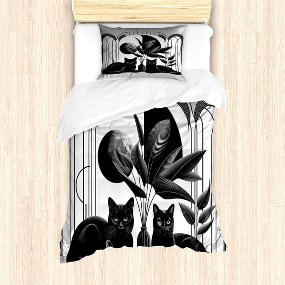 Ambesonne Cat Duvet Cover Set, Mid Century Modern Boho Kitties, Twin, Pale Grey Charcoal Grey