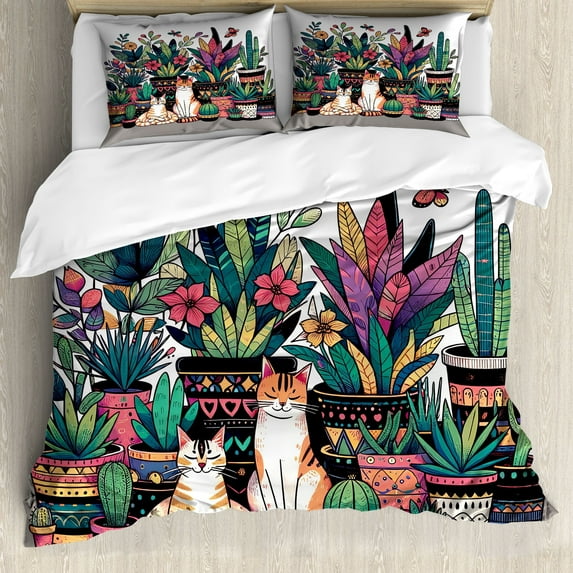 Ambesonne Cat Duvet Cover Set, Modern Blooms Kitties Cozy Calm, Calking, Teal Pink and Purple