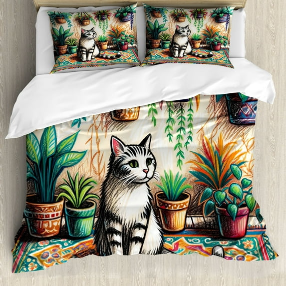 Ambesonne Cat Duvet Cover Set, Painting Boho Cozy Scene Kitty, King, Jade Green Grey Orange