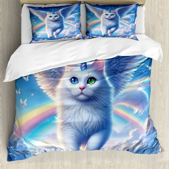 Ambesonne Cat Duvet Cover Set, Pegasus Kitty Flies Clouds Sky, King, Azure Blue Pale Pink