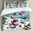 thumbnail image 1 of Ambesonne Cat Duvet Cover Set, Snowy Cartoon Skiing Kitties, Calking, Pale Blue Raspberry White, 1 of 6