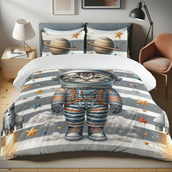 Ambesonne Cat Duvet Cover Set, Space Art Astronaut Kitten Art, King, Pale Grey Multicolor
