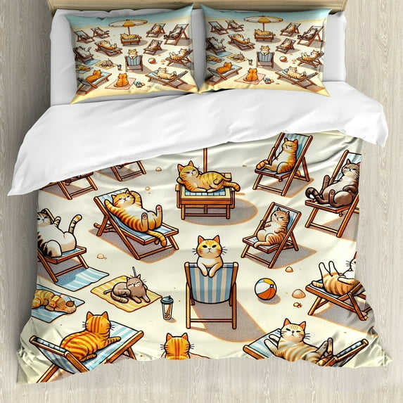Ambesonne Cat Duvet Cover Set, Summer Kittens Sandy Beach Fun, Queen, Beige Orange Pale Blue