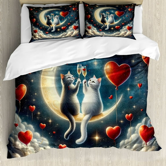 Ambesonne Cat Duvet Cover Set, Toasting Romantic Moon Hearts, King, Dark Night Blue Vermilion