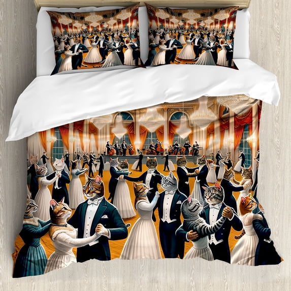 Ambesonne Cat Duvet Cover Set, Waltz Dancing Kitty Couples, King, Petrol Blue and Orange
