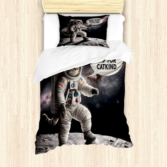 Ambesonne Cat Duvet Cover Set, Whimsical Astronaut Kitty Moon, Twin, Dark Purple Grey Coconut