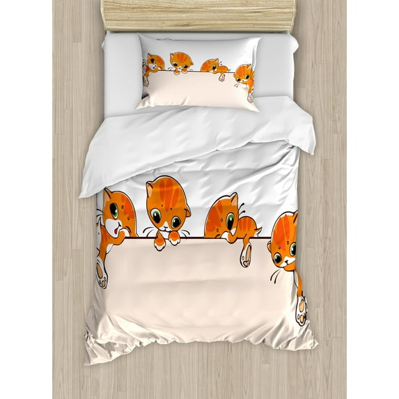 Ambesonne Cat Duvet Cover Sets, Banner with Little Kitties, 2-Twin, Orange Cream White