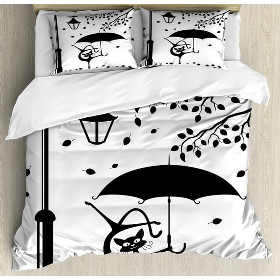 Ambesonne Cat Duvet Cover Sets, Funny Kitty with Umbrella, 2-Queen, White and Black