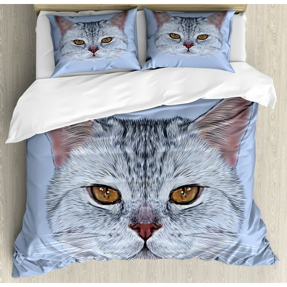 Ambesonne Cat Duvet Cover Sets, Scottish Hipster Kitty Pet, 2-King, Pale Blue Pale Grey