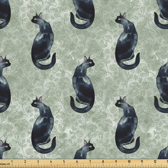 Ambesonne Cat Fabric by the Yard Upholstery, Ivy Branches Art Kitty Pattern, 2 Yards, Sage Green and Dark Blue