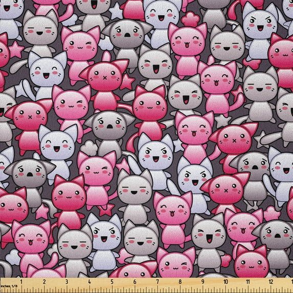 Ambesonne Cat Fabric by the Yard Microfiber, Kawaii Doodle Humor, 10 Yards, Pink Tan Lilac