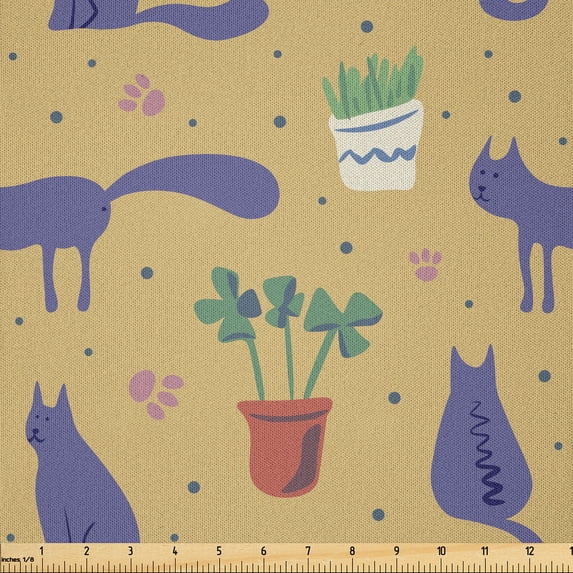 Ambesonne Cat Fabric by the Yard Microfiber, Meow Themed Plants Cozy Home, 10 Yards, Blue Violet Khaki