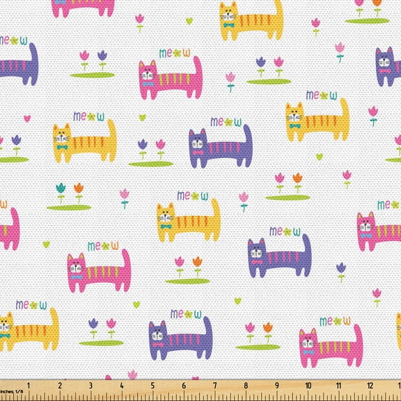 Ambesonne Cat Fabric by the Yard Upholstery, Animals Meow Sayings Flowers, 1 Yard, Pink Pale Orange Blue