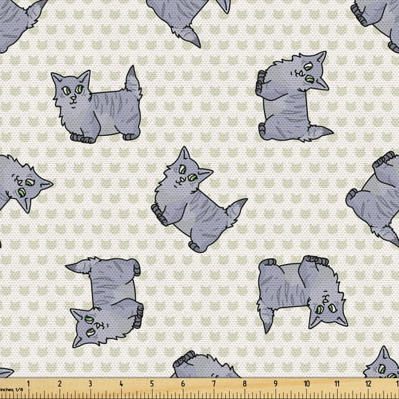 Ambesonne Cat Fabric by the Yard Upholstery, Cartoon Munchkin Kittens Art, 5 Yards, Pale Purpleblue and Eggshell