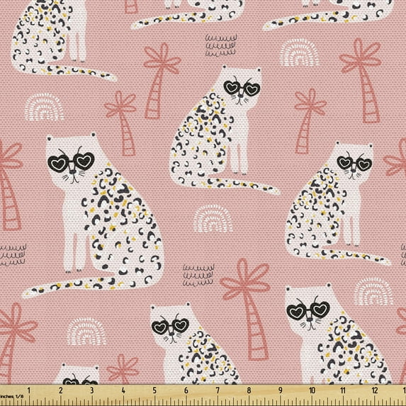 Ambesonne Cat Fabric by the Yard Upholstery, Cheetahs in Sunglasses Pattern, 2 Yards, Coral Charcoal Grey White