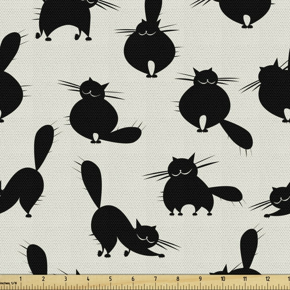 Ambesonne Cat Fabric by the Yard Upholstery, Funny House Pet Silhouettes, 2 Yards, Beige Black