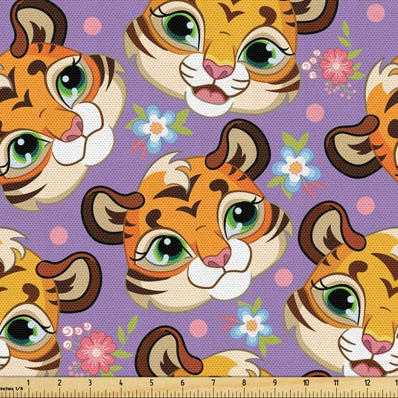 Ambesonne Cat Fabric by the Yard Upholstery, Happy Tiger Faces Cartoon Art, 5 Yards, Earth Yellow and Pale Purple
