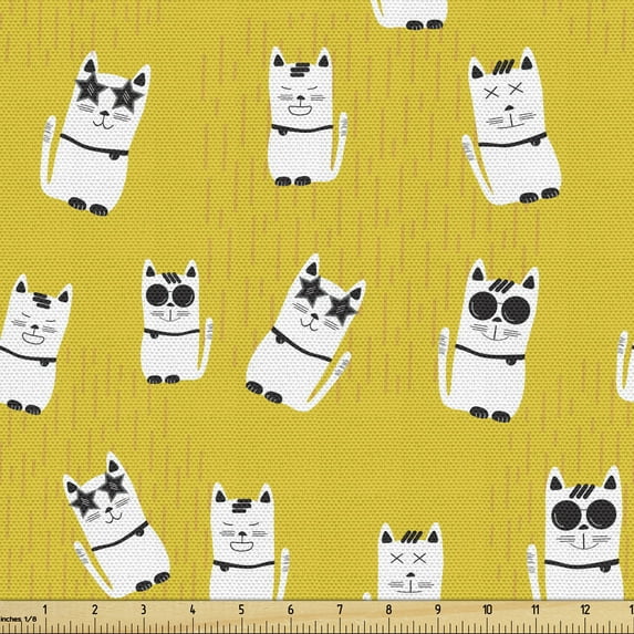 Ambesonne Cat Fabric by the Yard Upholstery, Kitten with Sunglasses Cartoon, 1 Yard, Pale Earth Yellow White