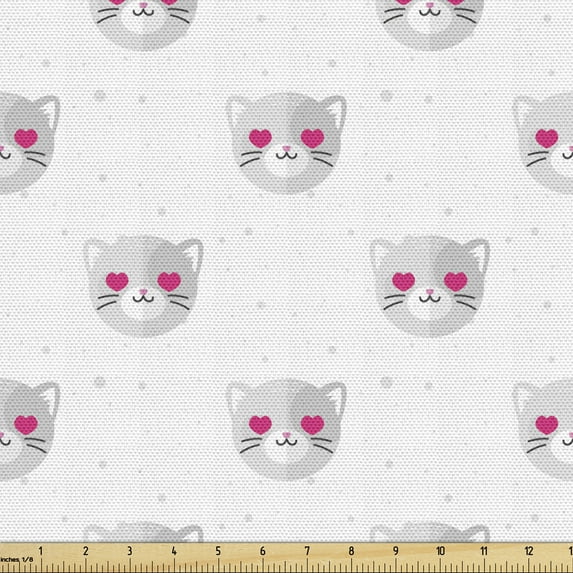 Ambesonne Cat Fabric by the Yard Upholstery, Kitty Faces Pink Hearts Print, 5 Yards, Pale Grey Pink and White