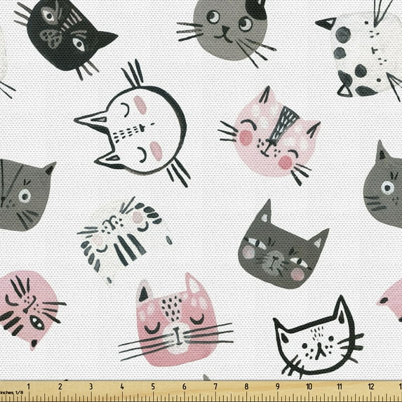 Ambesonne Cat Fabric by the Yard Upholstery, Little Kitty Faces Cartoon Art, 1 Yard, Rose Dark Grey and White
