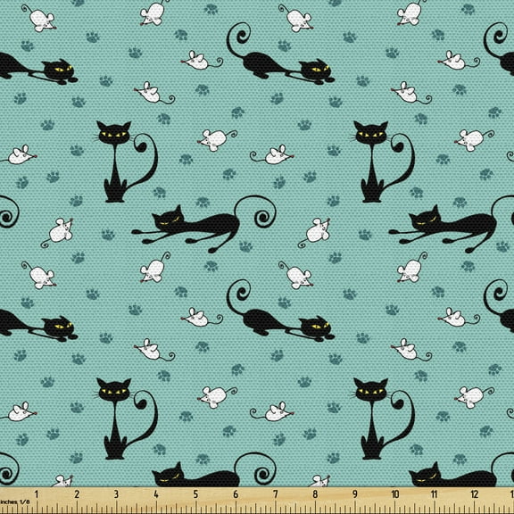 Ambesonne Cat Fabric by the Yard Upholstery, Mice Paw Prints Fun Cartoon, 10 Yards, Seafoam Black White